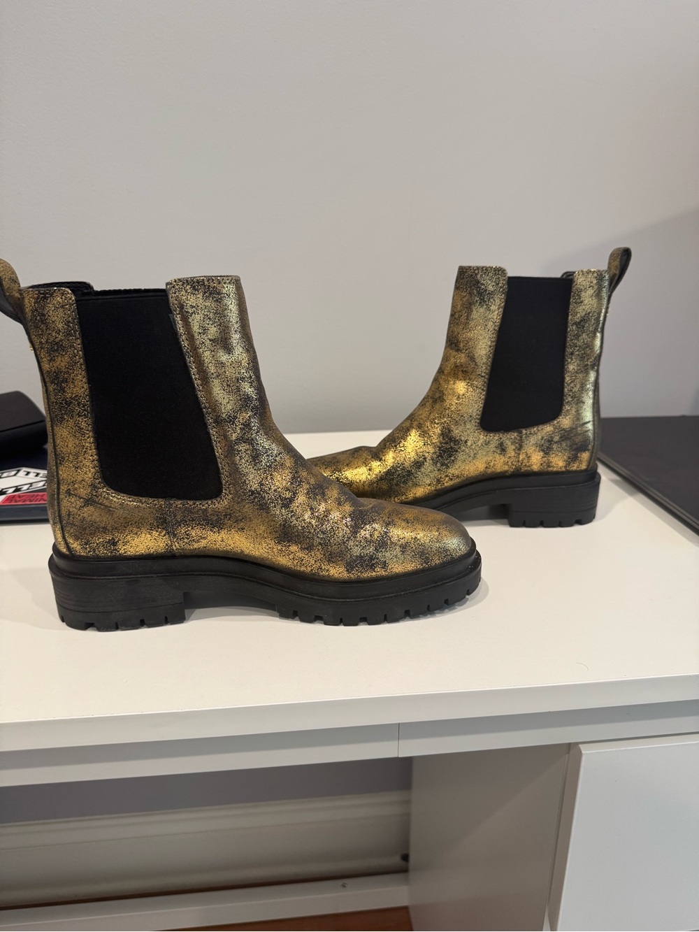 Ralph Lauren Women's Metallic Gold Chelsea Boots with Black Elastic Panels